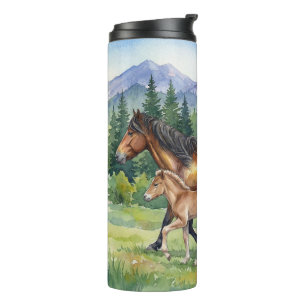 Bay Icelandic Horse and Foal in Mountain Meadow Thermal Tumbler