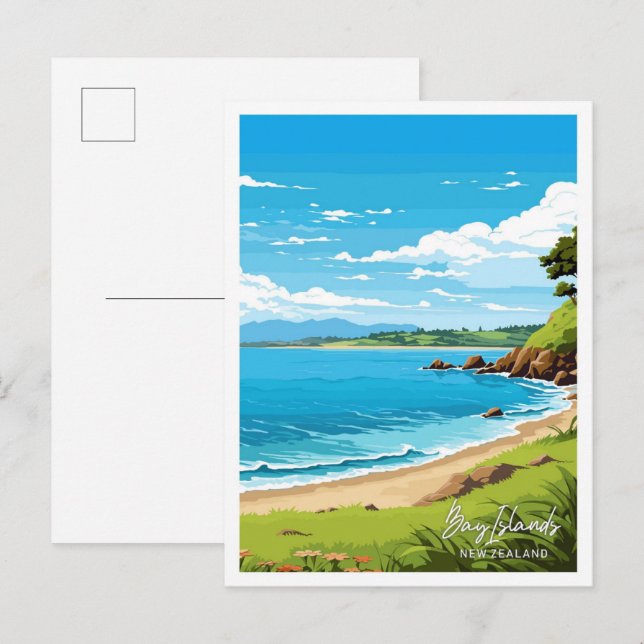Bay Islands New Zealand Travel illustration Postcard (Front/Back)