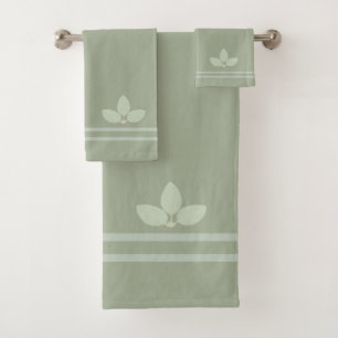 Bay Laurel Leaves & Stripes on Sage Bath Towel Set
