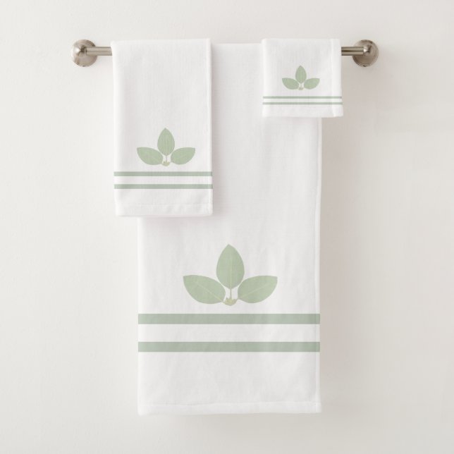 Bay Laurel Leaves & Stripes on White Bath Towel Set (Insitu)