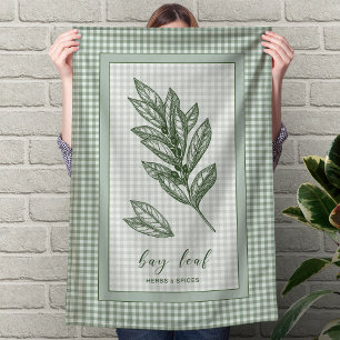 Bay Leaf Herb Kitchen Towel – Green Gingham Border