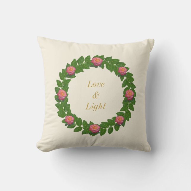 Bay Leaf Wreath & Pink Roses Cushion (Front)