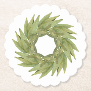 BAY LEAVES WREATH Scalloped Round Paper Coasters