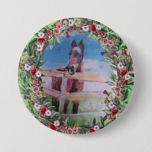 bay mare roses horse Button (Front)