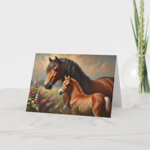 Bay Mare with a Foal Wildflowers Painting Card