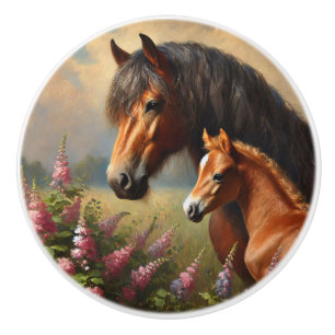 Bay Mare with a Foal Wildflowers Painting Ceramic Knob