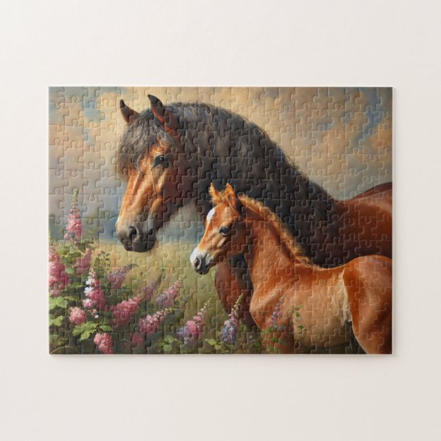 Bay Mare with a Foal Wildflowers Painting Jigsaw Puzzle (Horizontal)