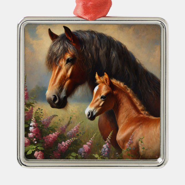 Bay Mare with a Foal Wildflowers Painting Metal Tree Decoration (Front)