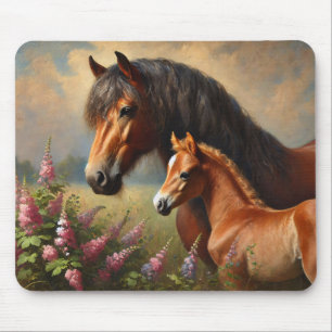 Bay Mare with a Foal Wildflowers Painting Mouse Mat