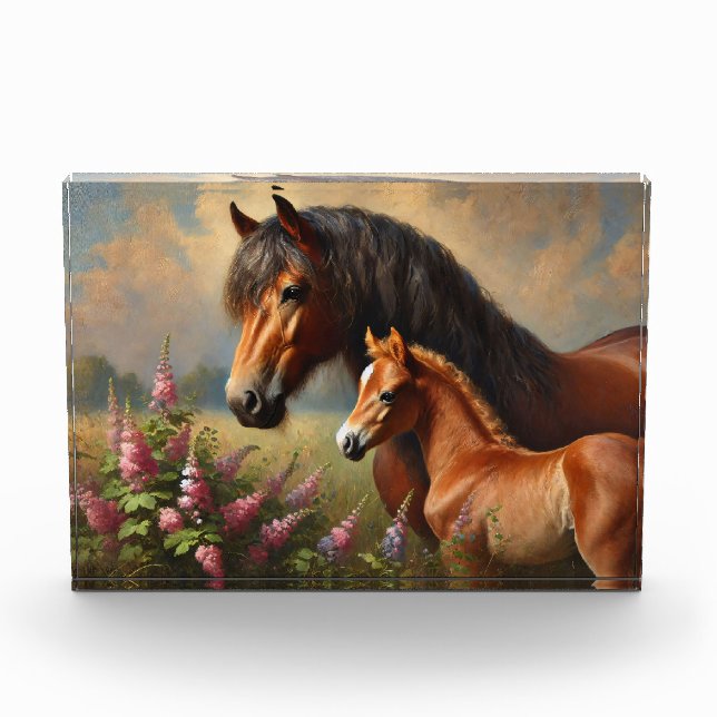 Bay Mare with a Foal Wildflowers Painting Photo Block (Front)