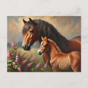 Bay Mare with a Foal Wildflowers Painting Postcard