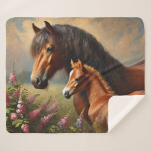 Bay Mare with a Foal Wildflowers Painting Sherpa Blanket