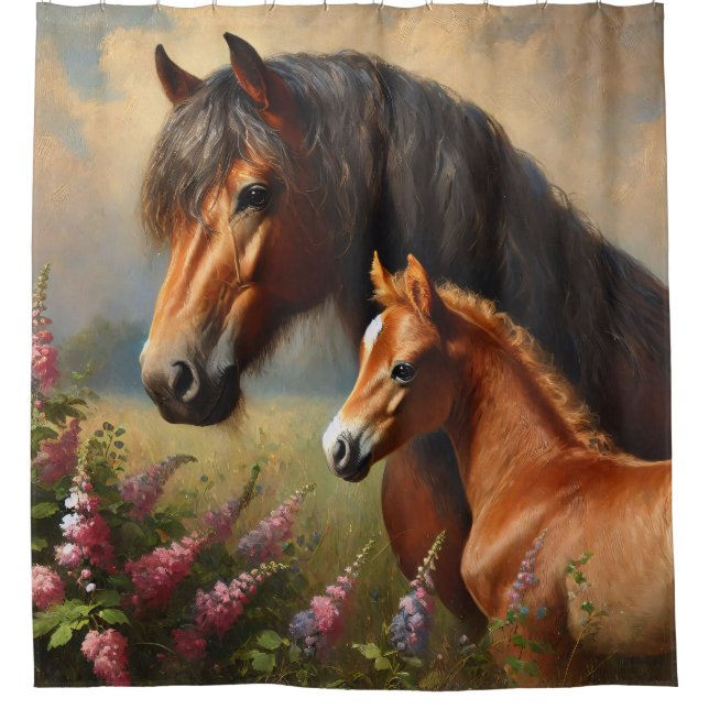 Bay Mare with a Foal Wildflowers Painting Shower Curtain (Front)