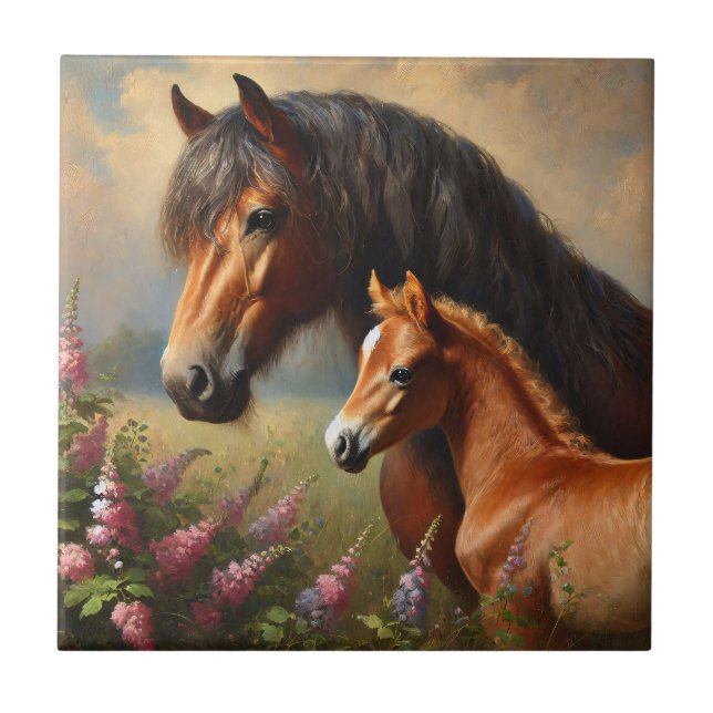 Bay Mare with a Foal Wildflowers Painting Tile (Front)