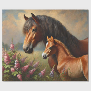 Bay Mare with a Foal Wildflowers Painting Wrapping Paper