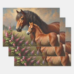 Bay Mare with a Foal Wildflowers Painting Wrapping Paper Sheet