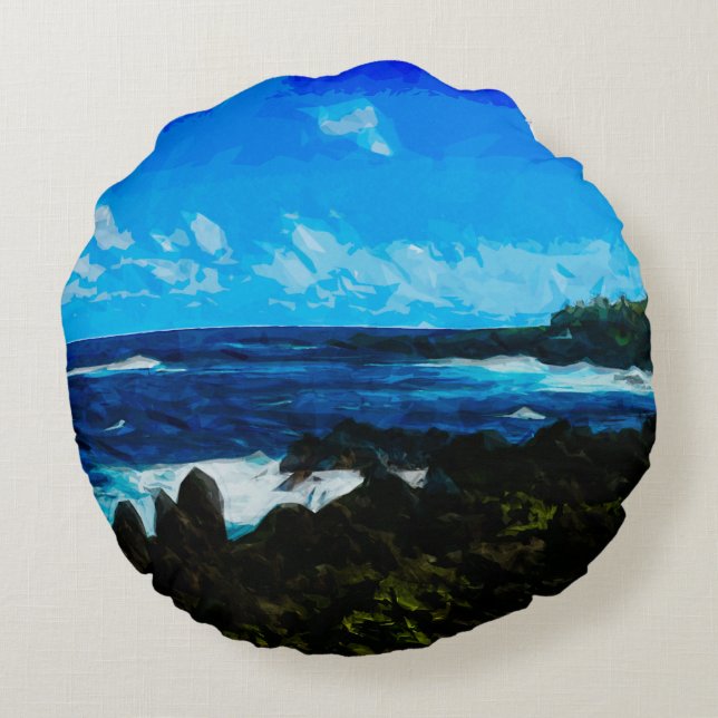 Bay On the Road to Hana Maui Abstract Round Cushion (Back)