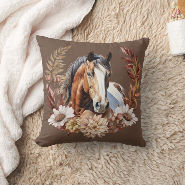 Bay Paint Horse Autumn Wreath Throw Pillow (Blanket)