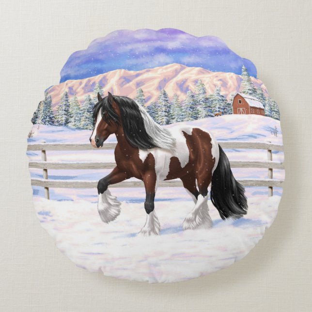 Bay Pinto Brown Skewbald Gypsy Vanner Tinker Horse Round Cushion (Front)