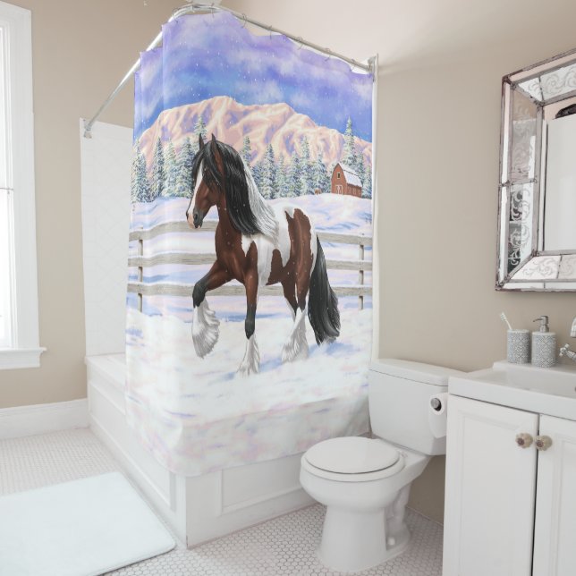 Bay Pinto Brown Skewbald Gypsy Vanner Tinker Horse Shower Curtain (In Situ)