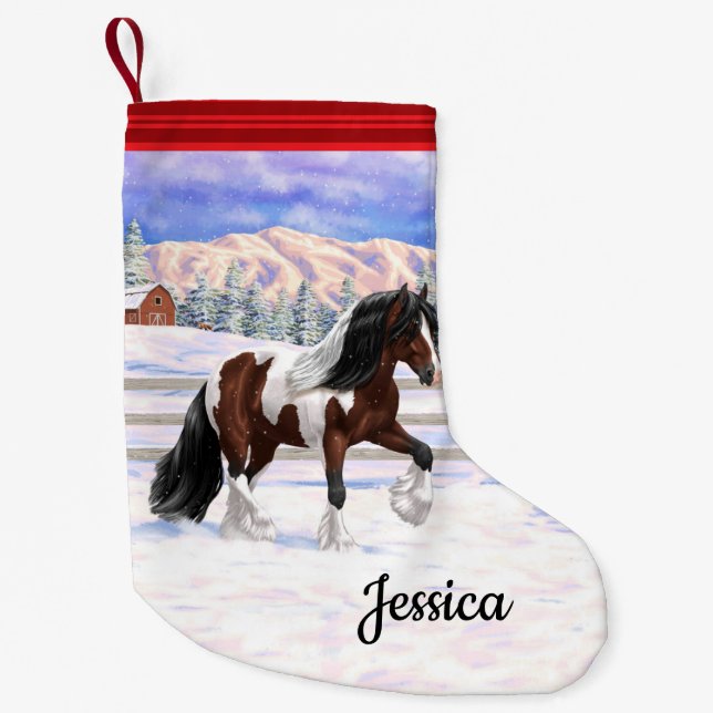 Bay Pinto Brown Skewbald Gypsy Vanner Tinker Horse Small Christmas Stocking (Front)