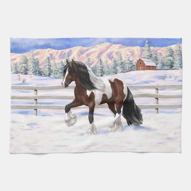 Bay Pinto Brown Skewbald Gypsy Vanner Tinker Horse Tea Towel (Horizontal)