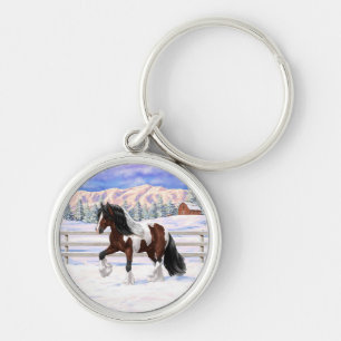 Bay Pinto Gypsy Vanner Draft Horse In Snow Key Ring