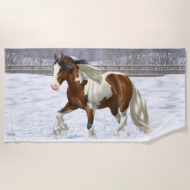 Bay Pinto Gypsy Vanner Draught Horse In Snow Beach Towel (Front)