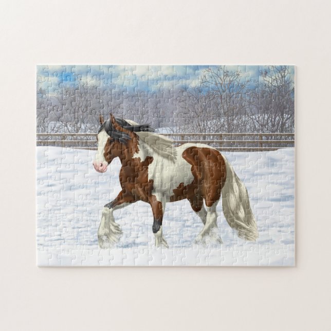 Bay Pinto Gypsy Vanner Draught Horse In Snow Jigsaw Puzzle (Horizontal)