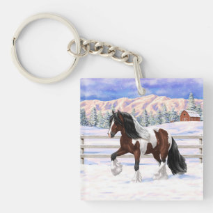 Bay Pinto Gypsy Vanner Draught Horse In Snow Key Ring