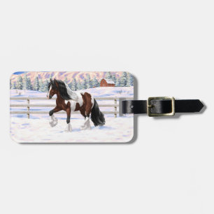 Bay Pinto Gypsy Vanner Draught Horse In Snow Luggage Tag