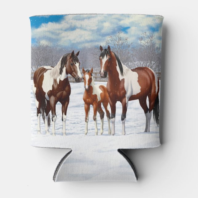 Bay Pinto Paint Horses In Winter Snow Can Cooler (Front)