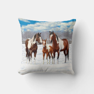Bay Pinto Paint Horses In Winter Snow Cushion