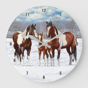Bay Pinto Paint Horses In Winter Snow Large Clock