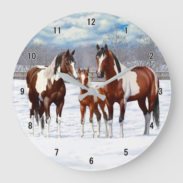 Bay Pinto Paint Horses In Winter Snow Large Clock (Front)