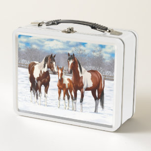 Bay Pinto Paint Horses In Winter Snow Metal Lunch Box