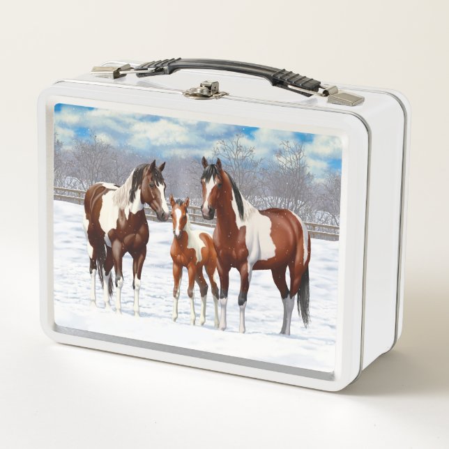 Bay Pinto Paint Horses In Winter Snow Metal Lunch Box (Front)