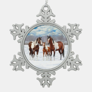 Bay Pinto Paint Horses In Winter Snow Snowflake Pewter Christmas Ornament