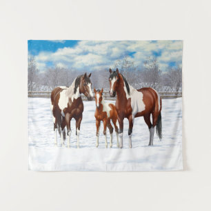Bay Pinto Paint Horses In Winter Snow Tapestry