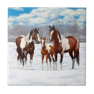 Bay Pinto Paint Horses In Winter Snow Tile