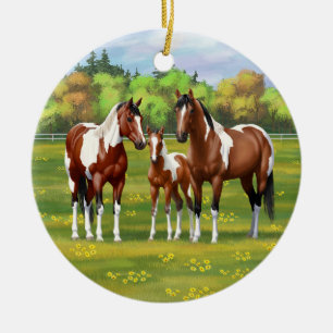 Bay Pinto Paint Quarter Horses In Summer Pasture Ceramic Tree Decoration