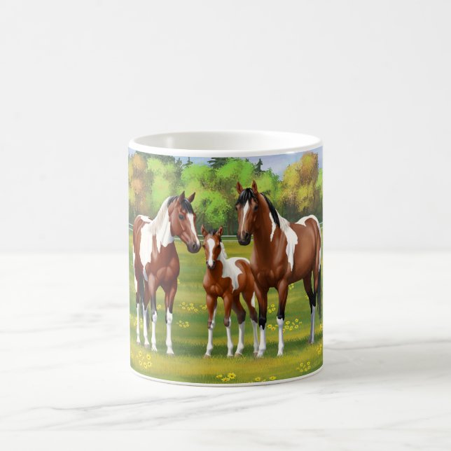 Bay Pinto Paint Quarter Horses In Summer Pasture Coffee Mug (Center)