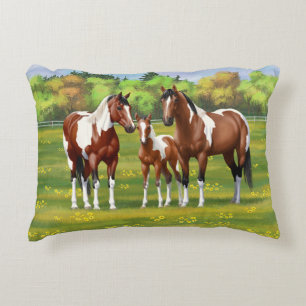 Bay Pinto Paint Quarter Horses In Summer Pasture Decorative Cushion