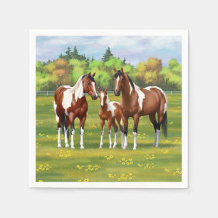 Bay Pinto Paint Quarter Horses In Summer Pasture Napkin