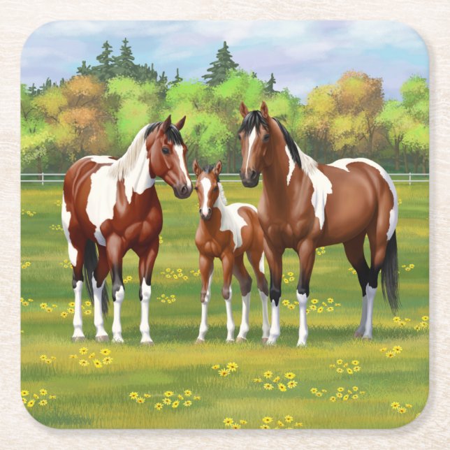 Bay Pinto Paint Quarter Horses In Summer Pasture Square Paper Coaster (Front)