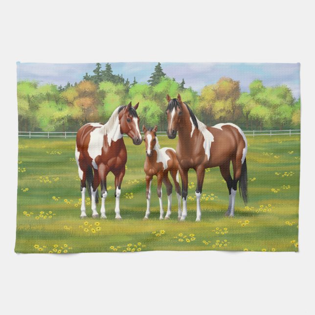 Bay Pinto Paint Quarter Horses In Summer Pasture Tea Towel (Horizontal)