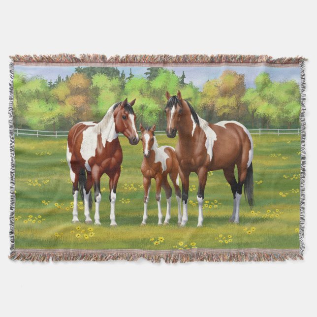 Bay Pinto Paint Quarter Horses In Summer Pasture Throw Blanket (Front)
