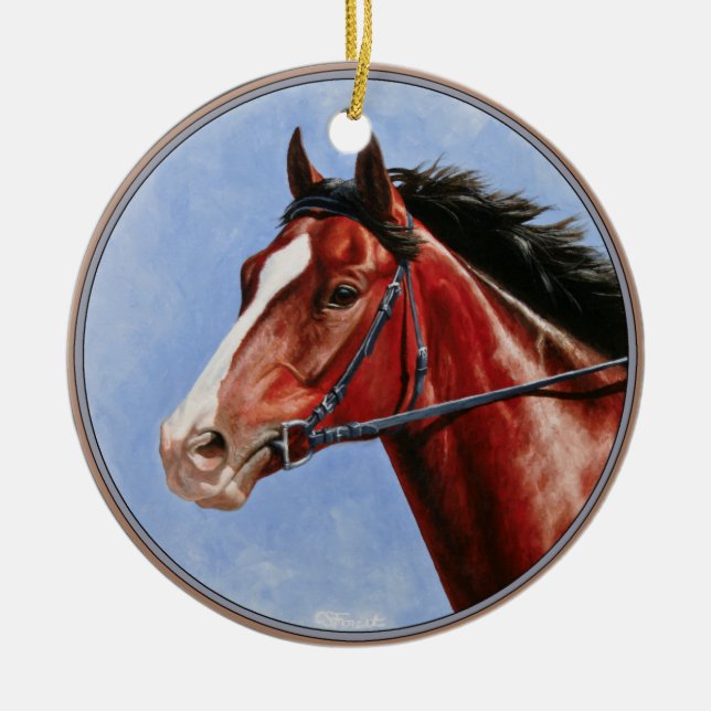 Bay Thoroughbred Race Horse Ceramic Tree Decoration (Front)