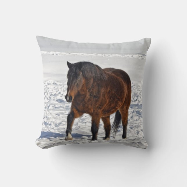 Bay Winter Mare & Snowy Field Cushion (Front)