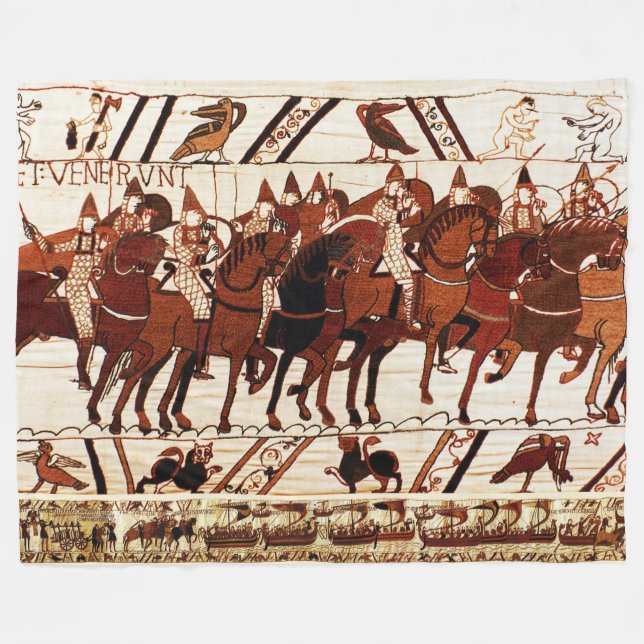 BAYEUX TAPESTRY NORMAN ARMY, KNIGHTS HORSEBACK FLEECE BLANKET (Front (Horizontal))